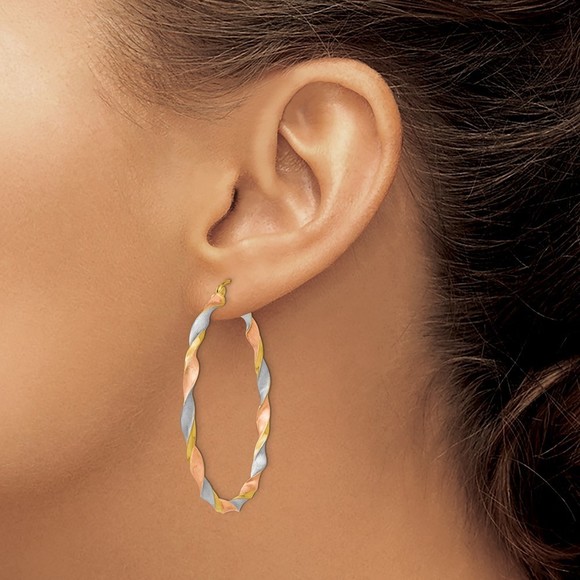 14k Yellow Gold White & Rose Rhodium Satin Twisted Hoop...